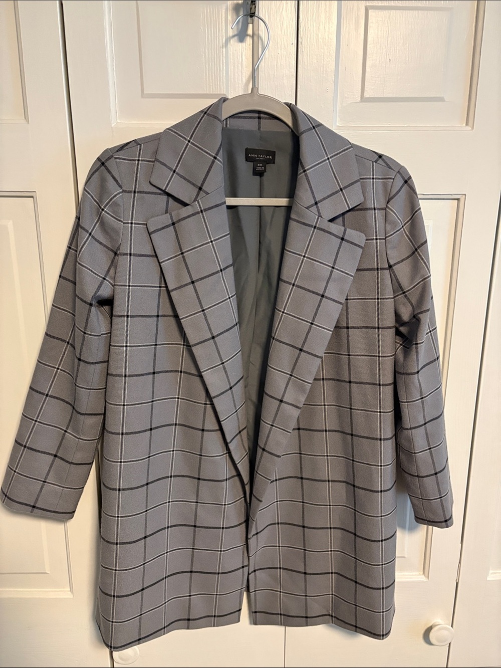 Ann Taylor Factory Gray Windowpane Plaid Long Blazer Coat